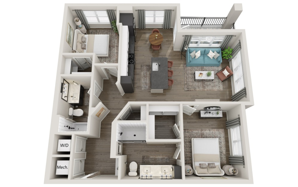 B3 - 2 bedroom floorplan layout with 2 bathrooms and 1105 square feet