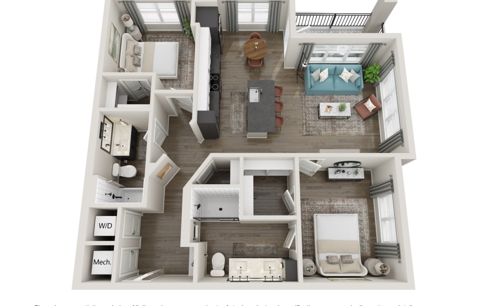 B3-M2 - 2 bedroom floorplan layout with 2 bathrooms and 1151 square feet