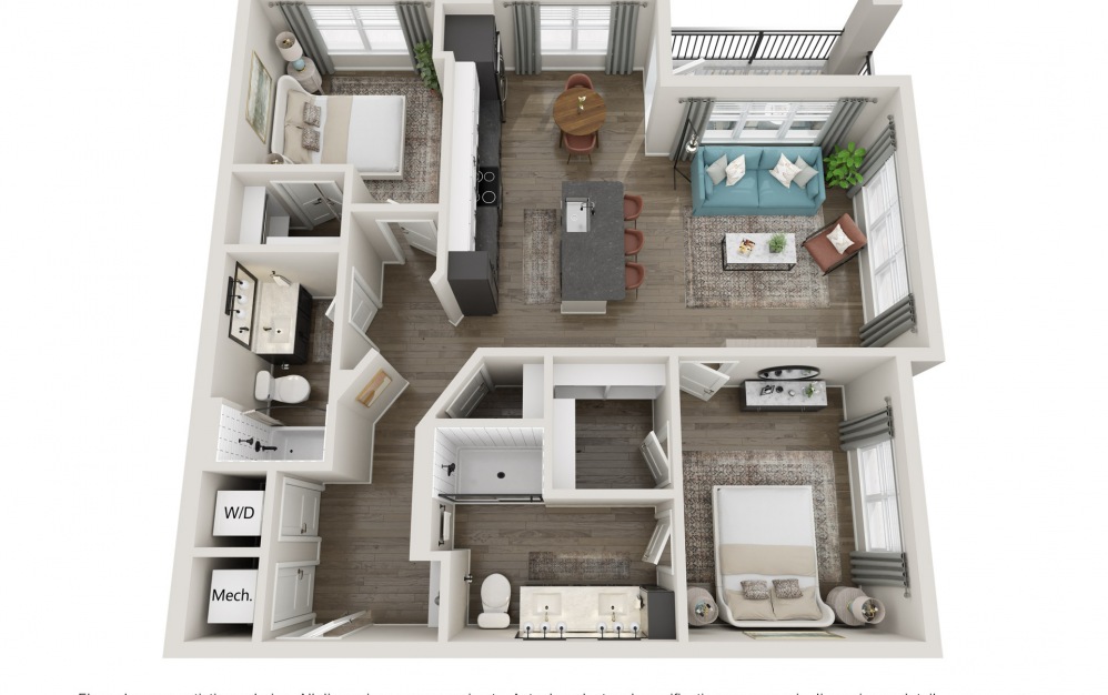 B3-M2 - 2 bedroom floorplan layout with 2 baths and 1151 square feet.